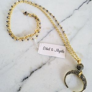 Golden Pendant Crescent Black Rhinestone Necklace